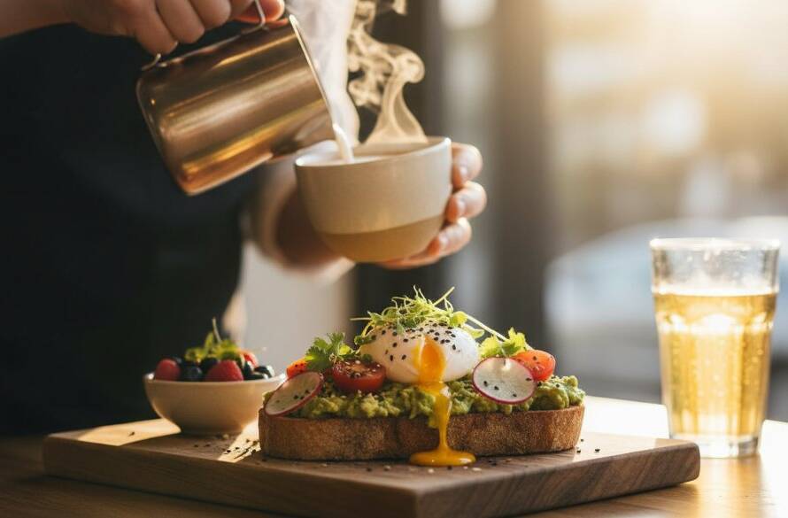 Dramatic close-up of a perfectly styled brunch dish, perhaps an avocado smash on sourdough, with sunlight streaming through a cafe window in Frankston North, highlighting steam rising from a coffee cup in the background, showcasing expert Frankston North cafe food photography for local businesses.