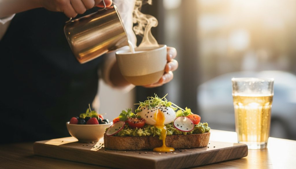 Dramatic close-up of a perfectly styled brunch dish, perhaps an avocado smash on sourdough, with sunlight streaming through a cafe window in Frankston North, highlighting steam rising from a coffee cup in the background, showcasing expert Frankston North cafe food photography for local businesses.