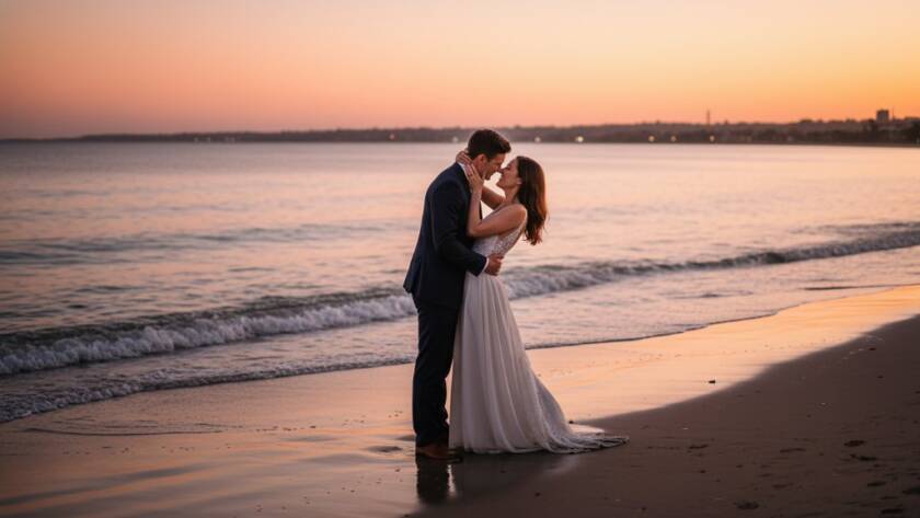 A breathtaking Frankston North candid pre-wedding photography stunning bayside moments shot of a couple embracing passionately at sunset on a sandy beach, waves gently lapping, with dramatic golden hour light silhouetting them against a vibrant, painterly sky, showcasing an epic, romantic moment captured by a professional photographer.