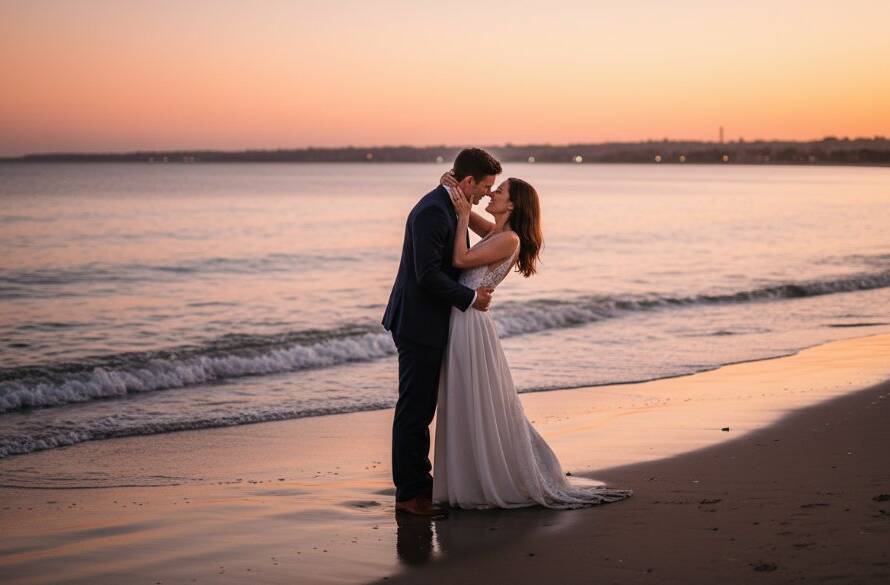 A breathtaking Frankston North candid pre-wedding photography stunning bayside moments shot of a couple embracing passionately at sunset on a sandy beach, waves gently lapping, with dramatic golden hour light silhouetting them against a vibrant, painterly sky, showcasing an epic, romantic moment captured by a professional photographer.