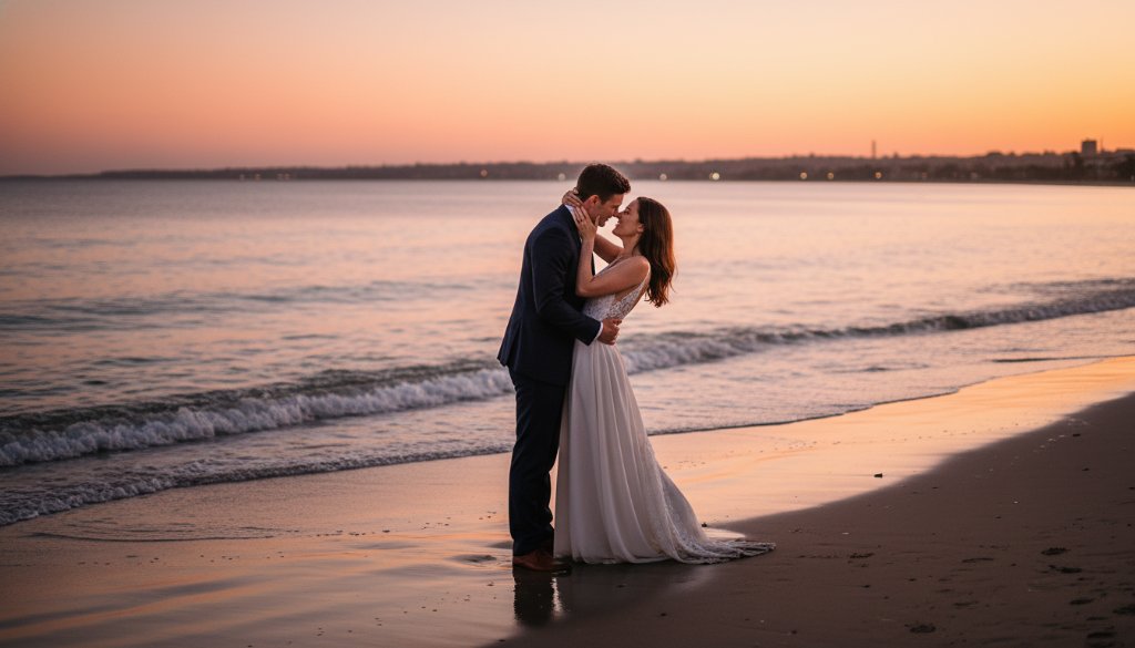 A breathtaking Frankston North candid pre-wedding photography stunning bayside moments shot of a couple embracing passionately at sunset on a sandy beach, waves gently lapping, with dramatic golden hour light silhouetting them against a vibrant, painterly sky, showcasing an epic, romantic moment captured by a professional photographer.