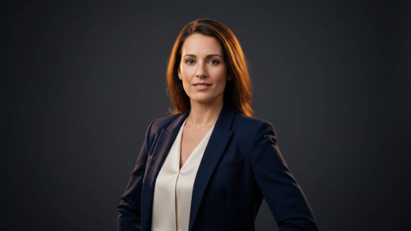 An epic moment captured in Frankston North creative studio photography: A young, confident professional woman striking a powerful pose against a minimalist grey backdrop, her eyes gleaming with ambition, dramatic rim lighting accentuating her silhouette, professionally colour-graded for a striking and artistic modern portrait.