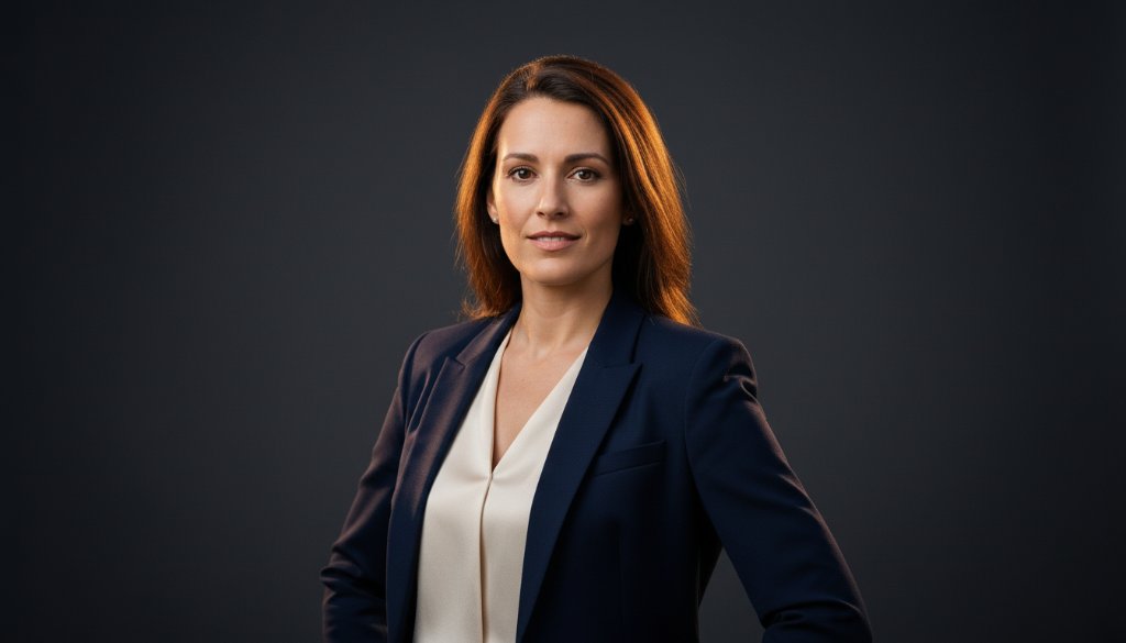 An epic moment captured in Frankston North creative studio photography: A young, confident professional woman striking a powerful pose against a minimalist grey backdrop, her eyes gleaming with ambition, dramatic rim lighting accentuating her silhouette, professionally colour-graded for a striking and artistic modern portrait.