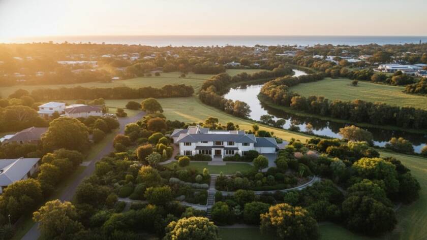 An breathtaking aerial sunrise shot over Frankston North showcasing a modern coastal home and surrounding landscapes, captured by professional Frankston North Drone Photography for Unique Property Perspectives, with golden light illuminating the scene.