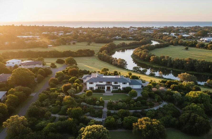 An breathtaking aerial sunrise shot over Frankston North showcasing a modern coastal home and surrounding landscapes, captured by professional Frankston North Drone Photography for Unique Property Perspectives, with golden light illuminating the scene.