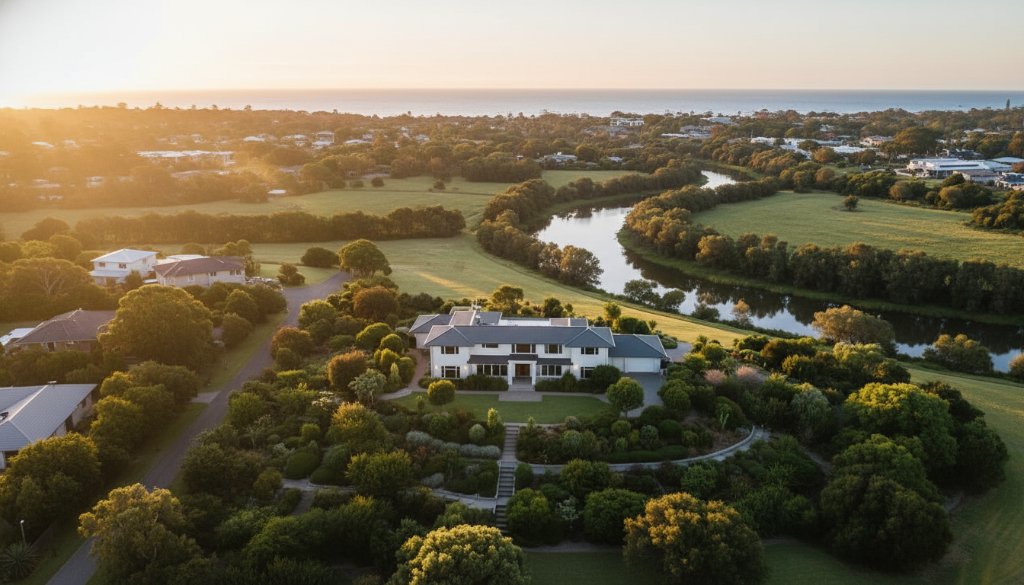 An breathtaking aerial sunrise shot over Frankston North showcasing a modern coastal home and surrounding landscapes, captured by professional Frankston North Drone Photography for Unique Property Perspectives, with golden light illuminating the scene.