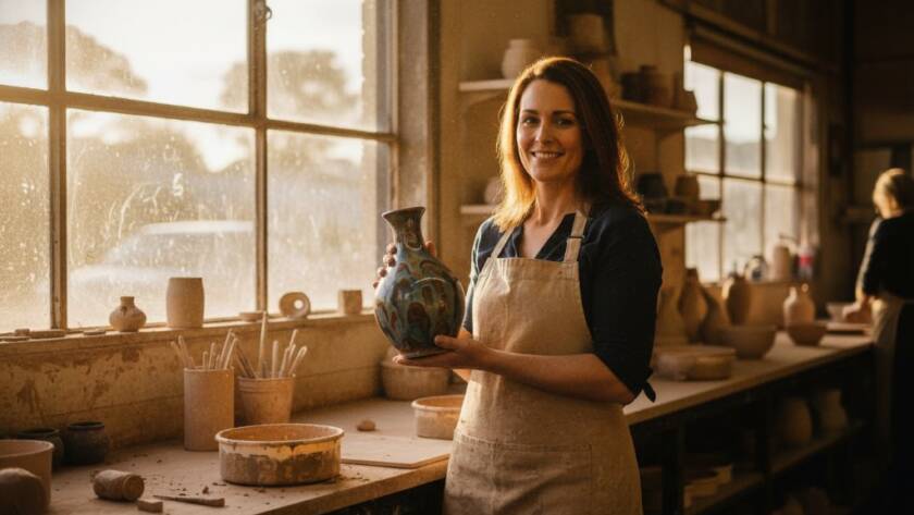 An inspiring 'epic moment' photograph showcasing vibrant Frankston North editorial photography for local businesses, capturing a ceramic artist proudly presenting a finished pottery piece in their beautifully lit local studio, conveying passion and community spirit.
