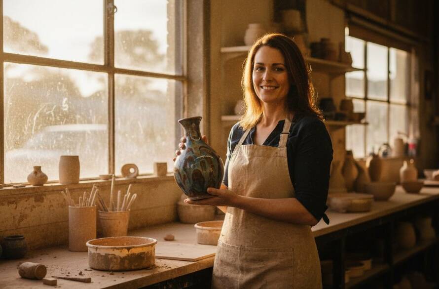 An inspiring 'epic moment' photograph showcasing vibrant Frankston North editorial photography for local businesses, capturing a ceramic artist proudly presenting a finished pottery piece in their beautifully lit local studio, conveying passion and community spirit.