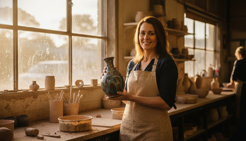 An inspiring 'epic moment' photograph showcasing vibrant Frankston North editorial photography for local businesses, capturing a ceramic artist proudly presenting a finished pottery piece in their beautifully lit local studio, conveying passion and community spirit.