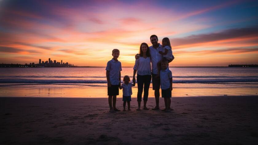 An epic moment of Frankston North fine art portrait photography: A family embracing on the Frankston North shoreline at dramatic sunset, silhouetted against a vibrant sky, capturing emotional connection and timeless beauty.