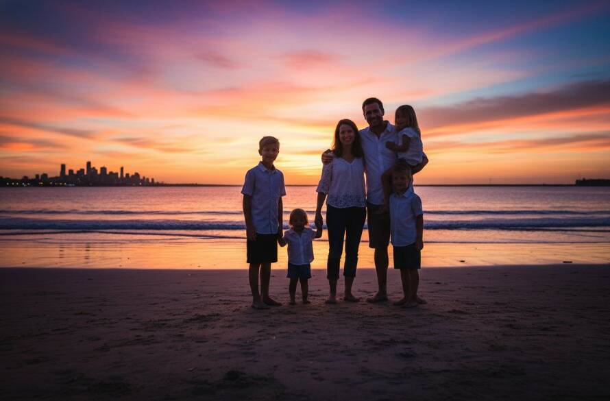 An epic moment of Frankston North fine art portrait photography: A family embracing on the Frankston North shoreline at dramatic sunset, silhouetted against a vibrant sky, capturing emotional connection and timeless beauty.