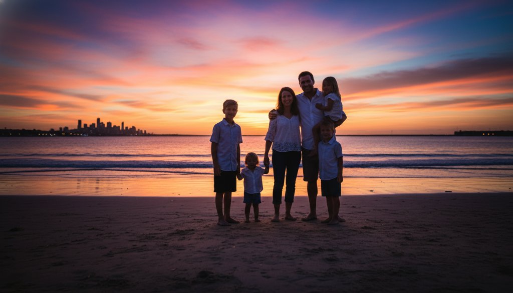 An epic moment of Frankston North fine art portrait photography: A family embracing on the Frankston North shoreline at dramatic sunset, silhouetted against a vibrant sky, capturing emotional connection and timeless beauty.