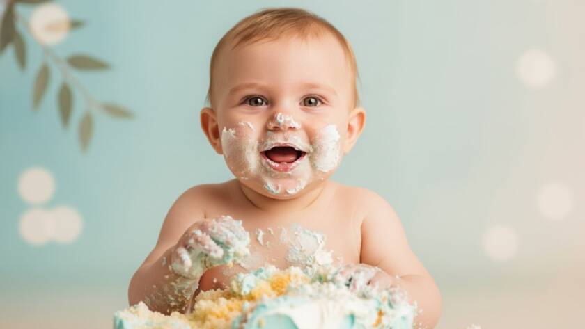 An adorable baby covered in cake, joyfully smashing a birthday cake with frosting smeared on their face, captured in an epic, professionally lit Frankston North first birthday cake smash photography session, set against a whimsical backdrop.