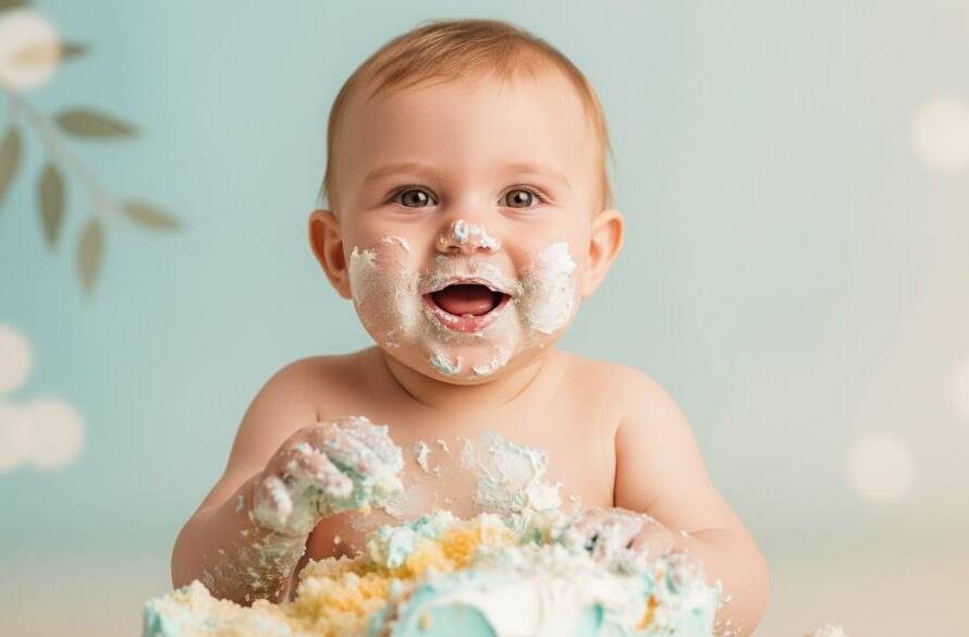 An adorable baby covered in cake, joyfully smashing a birthday cake with frosting smeared on their face, captured in an epic, professionally lit Frankston North first birthday cake smash photography session, set against a whimsical backdrop.