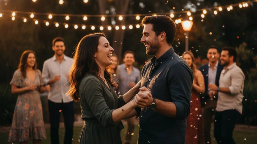 Frankston North Lively Party Photography Experts capturing an epic moment of pure joy at a vibrant outdoor birthday party in Frankston North, Victoria. Guests are dancing under string lights, illuminated by dynamic, professional lighting, with a perfectly timed confetti burst creating a dramatic, celebratory scene, professionally colour-graded.