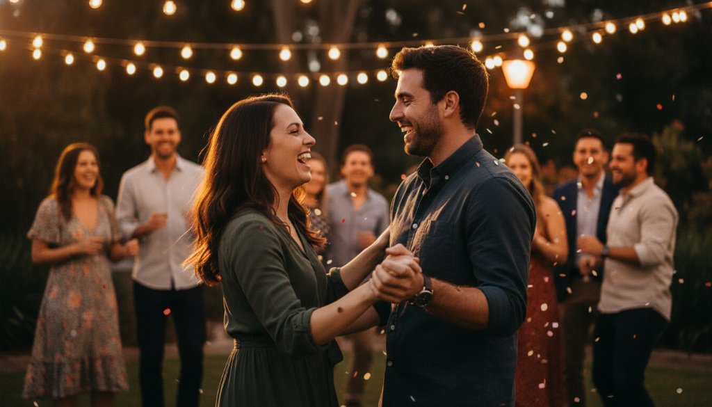 Frankston North Lively Party Photography Experts capturing an epic moment of pure joy at a vibrant outdoor birthday party in Frankston North, Victoria. Guests are dancing under string lights, illuminated by dynamic, professional lighting, with a perfectly timed confetti burst creating a dramatic, celebratory scene, professionally colour-graded.