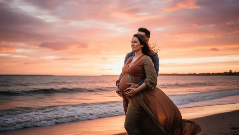 A pregnant woman in an elegant flowing gown stands silhouetted against a dramatic sunset over Port Phillip Bay, showcasing a Frankston North maternity photoshoot stunning Bay views, capturing an epic, emotional moment.