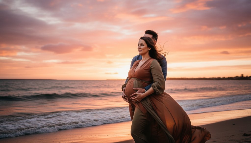 A pregnant woman in an elegant flowing gown stands silhouetted against a dramatic sunset over Port Phillip Bay, showcasing a Frankston North maternity photoshoot stunning Bay views, capturing an epic, emotional moment.
