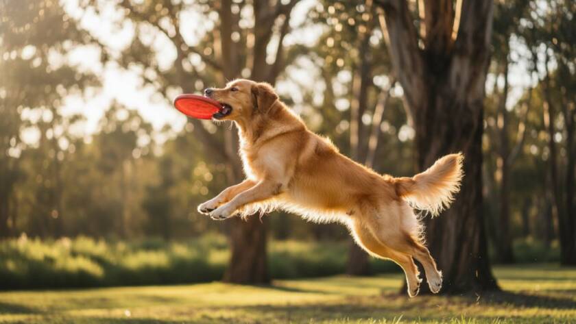 A golden retriever mid-leap, tongue out in pure joy, playing fetch at a Frankston North dog park, perfectly exemplifying Frankston North pet photography capturing joyous dog park moments, with dappled sunlight through eucalypts and a professional, cinematic colour grade.