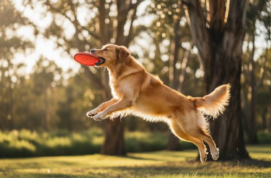 A golden retriever mid-leap, tongue out in pure joy, playing fetch at a Frankston North dog park, perfectly exemplifying Frankston North pet photography capturing joyous dog park moments, with dappled sunlight through eucalypts and a professional, cinematic colour grade.