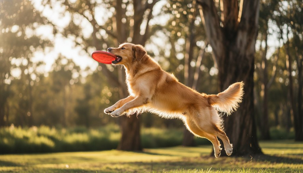 A golden retriever mid-leap, tongue out in pure joy, playing fetch at a Frankston North dog park, perfectly exemplifying Frankston North pet photography capturing joyous dog park moments, with dappled sunlight through eucalypts and a professional, cinematic colour grade.