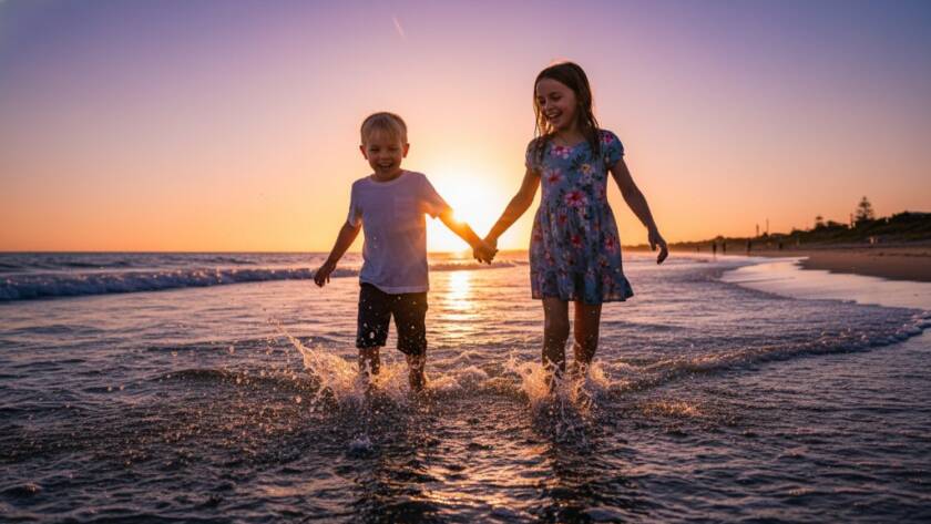 An epic moment captured in Frankston North playful family photography for kids, showing a child joyfully running along the beach at golden hour, their silhouette against a vibrant sunset, professional and cinematic.