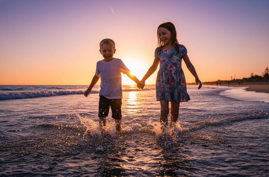 An epic moment captured in Frankston North playful family photography for kids, showing a child joyfully running along the beach at golden hour, their silhouette against a vibrant sunset, professional and cinematic.