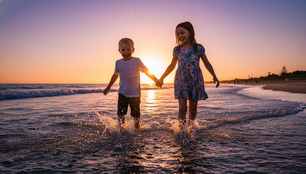 An epic moment captured in Frankston North playful family photography for kids, showing a child joyfully running along the beach at golden hour, their silhouette against a vibrant sunset, professional and cinematic.