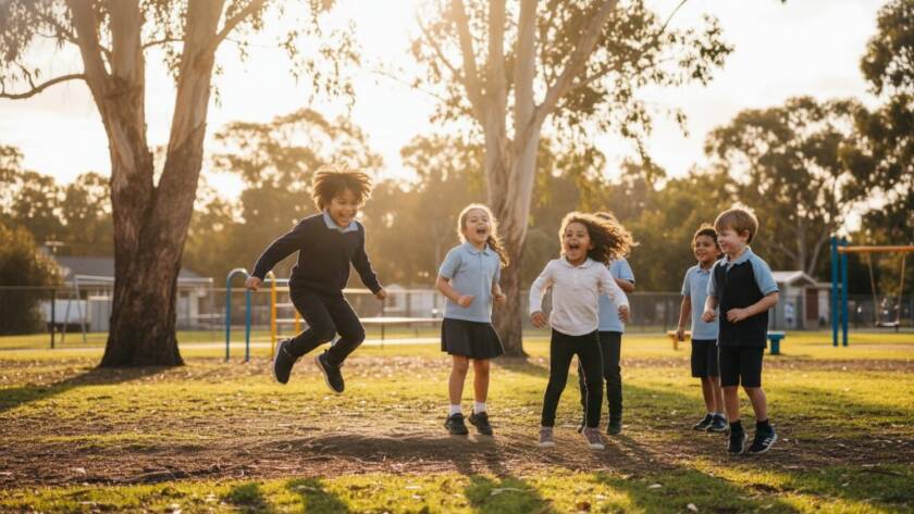 Frankston North primary school photography authentic moments captured: A wide-angle, sun-drenched photograph of a group of diverse primary school children in Frankston North, Victoria, laughing joyously as they play outdoors during recess, one child mid-jump in golden light.