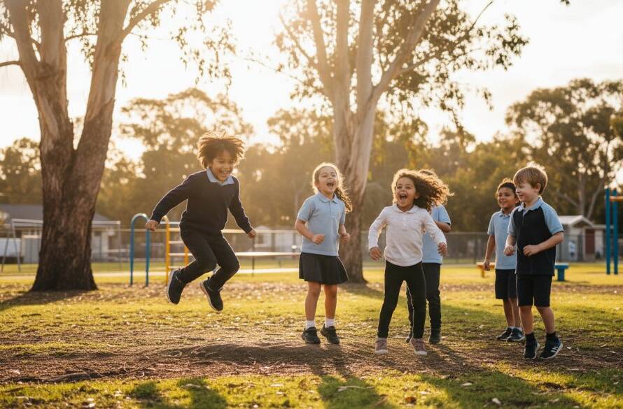 Frankston North primary school photography authentic moments captured: A wide-angle, sun-drenched photograph of a group of diverse primary school children in Frankston North, Victoria, laughing joyously as they play outdoors during recess, one child mid-jump in golden light.