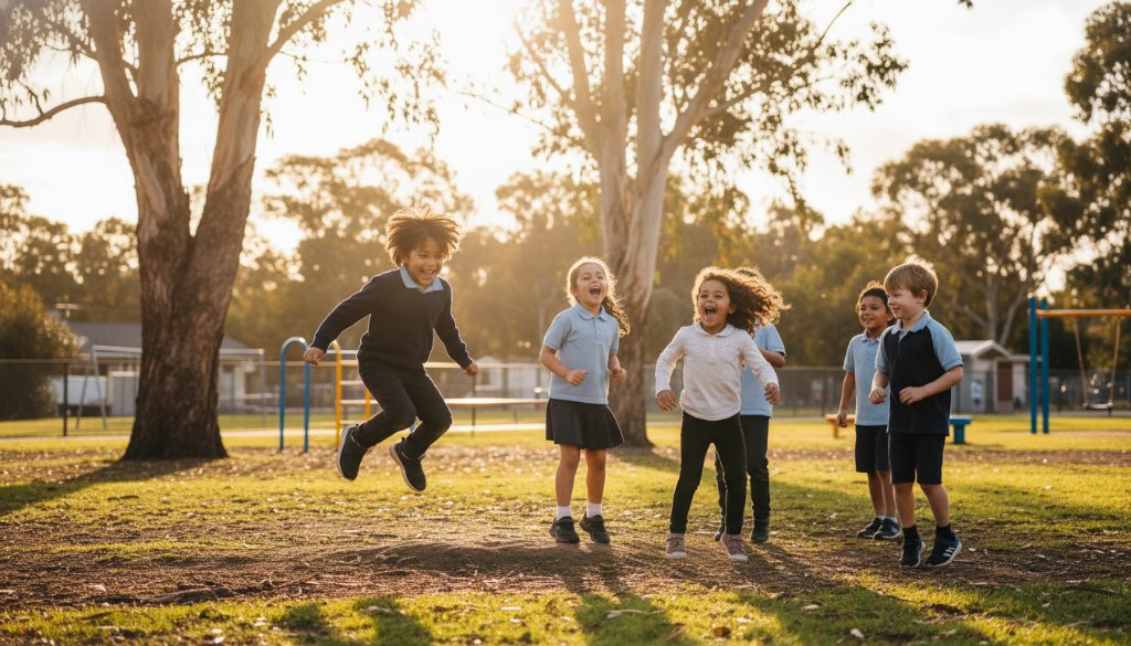 Frankston North primary school photography authentic moments captured: A wide-angle, sun-drenched photograph of a group of diverse primary school children in Frankston North, Victoria, laughing joyously as they play outdoors during recess, one child mid-jump in golden light.