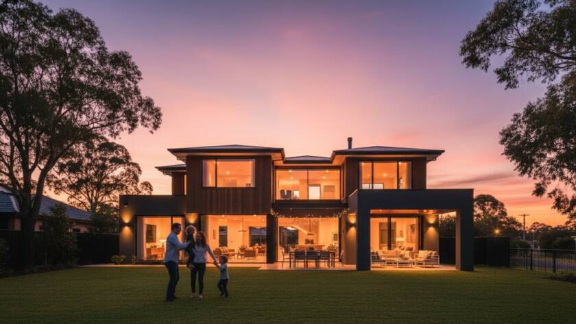 Dramatic twilight shot showcasing a modern family home in Frankston North, Victoria, with warm interior lights glowing, perfectly framed against a vibrant sunset sky, exemplifying Frankston North Real Estate Photography Elevating Listings Victoria with stunning visual appeal.