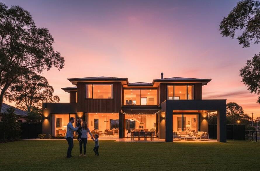 Dramatic twilight shot showcasing a modern family home in Frankston North, Victoria, with warm interior lights glowing, perfectly framed against a vibrant sunset sky, exemplifying Frankston North Real Estate Photography Elevating Listings Victoria with stunning visual appeal.