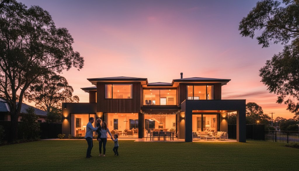 Dramatic twilight shot showcasing a modern family home in Frankston North, Victoria, with warm interior lights glowing, perfectly framed against a vibrant sunset sky, exemplifying Frankston North Real Estate Photography Elevating Listings Victoria with stunning visual appeal.