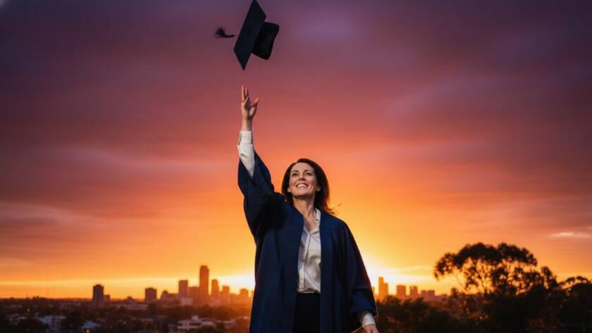 A joyous university graduate in their cap and gown, framed by the vibrant green foliage near Frankston North, Victoria, throws their cap into a dramatic sunset sky, celebrating their Frankston North Victoria graduation photography moments with an epic, professional shot.