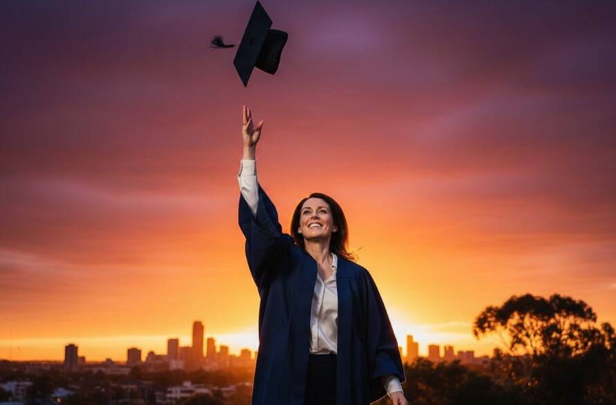 A joyous university graduate in their cap and gown, framed by the vibrant green foliage near Frankston North, Victoria, throws their cap into a dramatic sunset sky, celebrating their Frankston North Victoria graduation photography moments with an epic, professional shot.