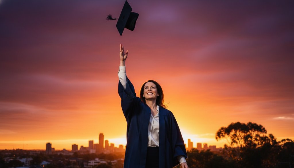 A joyous university graduate in their cap and gown, framed by the vibrant green foliage near Frankston North, Victoria, throws their cap into a dramatic sunset sky, celebrating their Frankston North Victoria graduation photography moments with an epic, professional shot.
