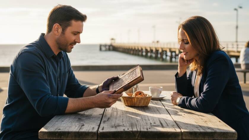 A captivating Frankston personal brand photography for creative entrepreneurs shot, showcasing a male artisan entrepreneur presenting his handcrafted leather journal to a client at an outdoor cafe, with Frankston Pier subtly in the background, bathed in dramatic golden hour light, reflecting his passion and connection.