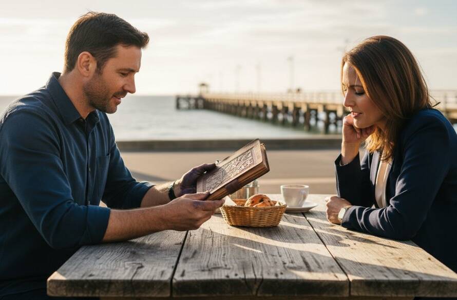 A captivating Frankston personal brand photography for creative entrepreneurs shot, showcasing a male artisan entrepreneur presenting his handcrafted leather journal to a client at an outdoor cafe, with Frankston Pier subtly in the background, bathed in dramatic golden hour light, reflecting his passion and connection.