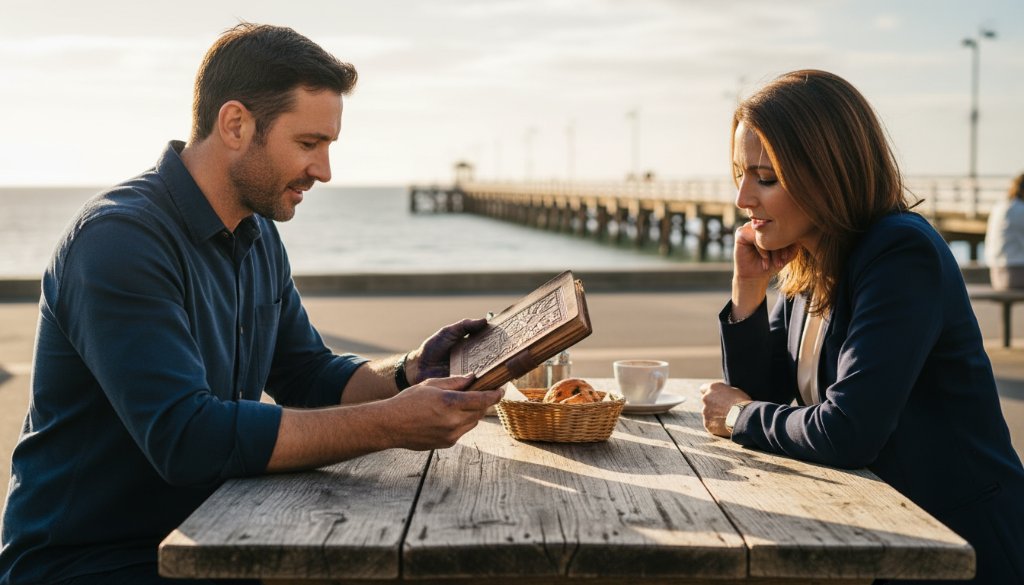A captivating Frankston personal brand photography for creative entrepreneurs shot, showcasing a male artisan entrepreneur presenting his handcrafted leather journal to a client at an outdoor cafe, with Frankston Pier subtly in the background, bathed in dramatic golden hour light, reflecting his passion and connection.