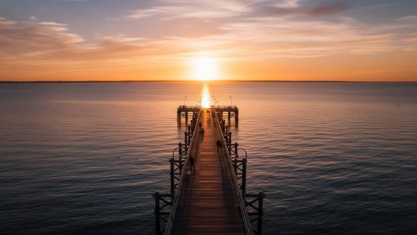 Dramatic aerial photograph captured via "Frankston Pier Drone Photography for Stunning Coastal Views," showcasing the iconic Frankston Pier stretching into Port Phillip Bay at sunset, with golden light reflecting off the water and a lone figure silhouetted on the pier.