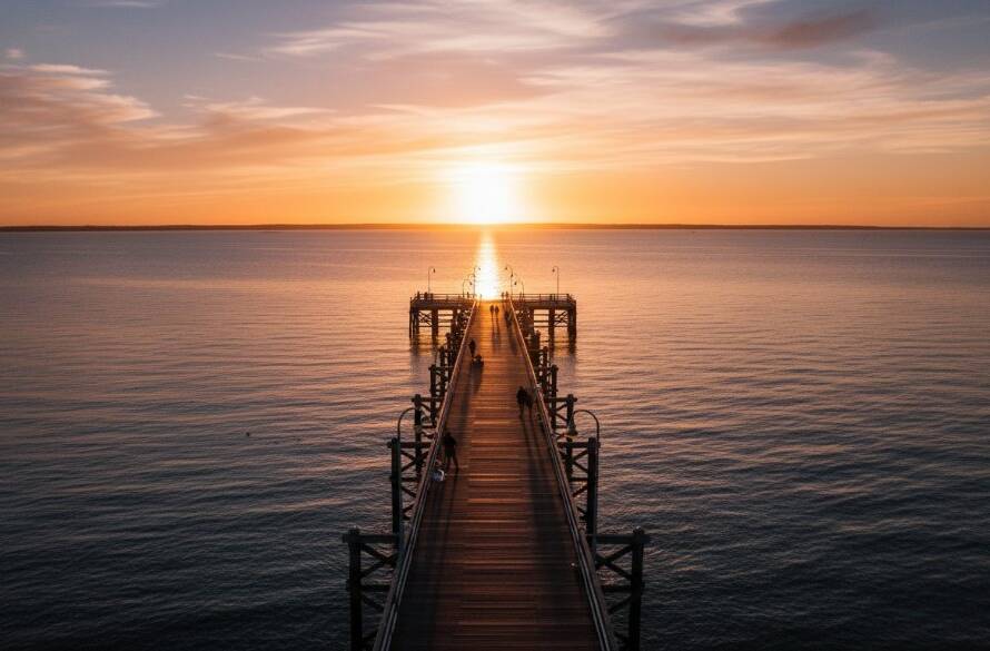 Dramatic aerial photograph captured via "Frankston Pier Drone Photography for Stunning Coastal Views," showcasing the iconic Frankston Pier stretching into Port Phillip Bay at sunset, with golden light reflecting off the water and a lone figure silhouetted on the pier.