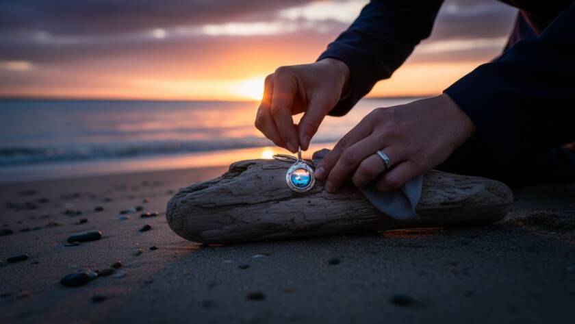 Dramatic shot of an artisan carefully presenting their handcrafted ceramic mug against a sun-drenched Frankston beach backdrop, showcasing professional Frankston product photography for artisans with cinematic lighting.
