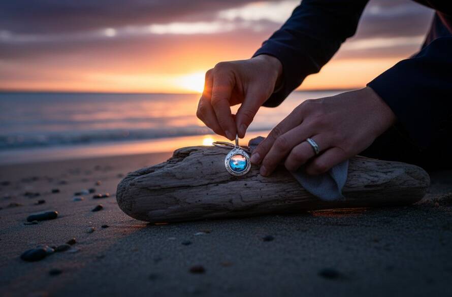 Dramatic shot of an artisan carefully presenting their handcrafted ceramic mug against a sun-drenched Frankston beach backdrop, showcasing professional Frankston product photography for artisans with cinematic lighting.