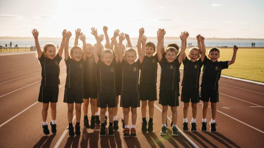 An epic moment of pure joy as a group of diverse primary school students in Frankston, Victoria, celebrate with high-fives and beaming smiles after a successful sports day event, perfectly illustrating frankston school photography capturing student joy.