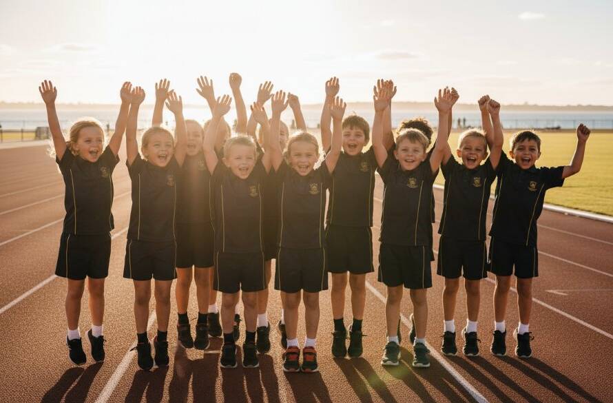 An epic moment of pure joy as a group of diverse primary school students in Frankston, Victoria, celebrate with high-fives and beaming smiles after a successful sports day event, perfectly illustrating frankston school photography capturing student joy.