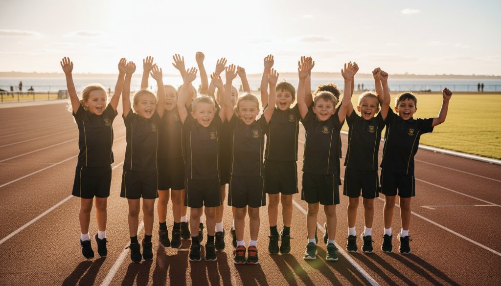 An epic moment of pure joy as a group of diverse primary school students in Frankston, Victoria, celebrate with high-fives and beaming smiles after a successful sports day event, perfectly illustrating frankston school photography capturing student joy.