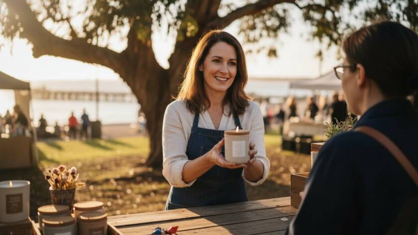 Dynamic hero shot illustrating Frankston South bespoke advertising photography solutions, featuring a beautifully lit artisan product on a rustic local market stall, capturing an authentic moment of customer engagement with dramatic natural light filtering through trees, evoking a sense of quality and community.