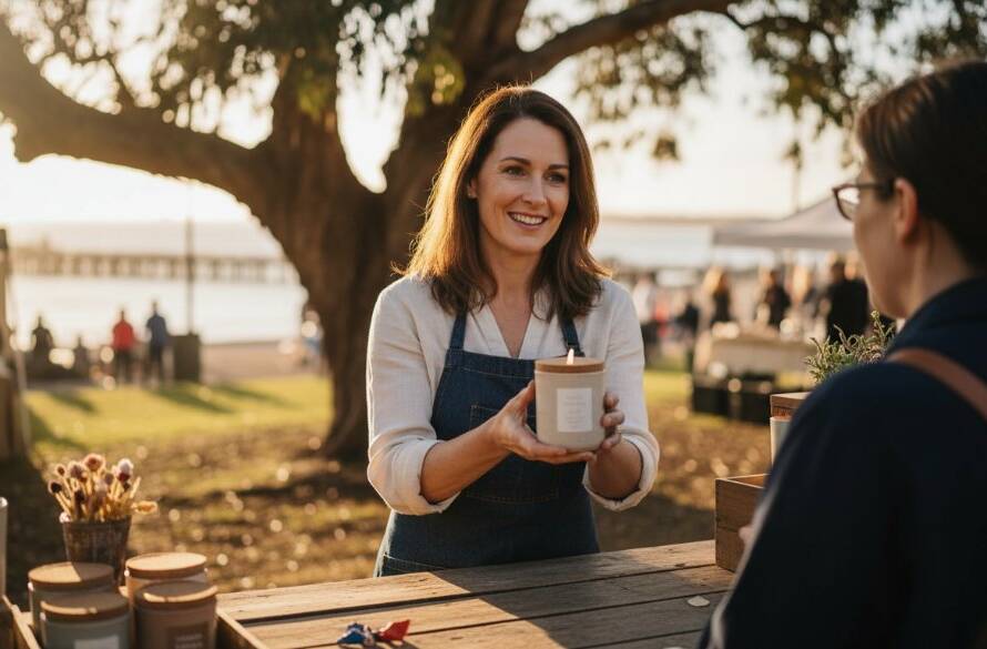 Dynamic hero shot illustrating Frankston South bespoke advertising photography solutions, featuring a beautifully lit artisan product on a rustic local market stall, capturing an authentic moment of customer engagement with dramatic natural light filtering through trees, evoking a sense of quality and community.