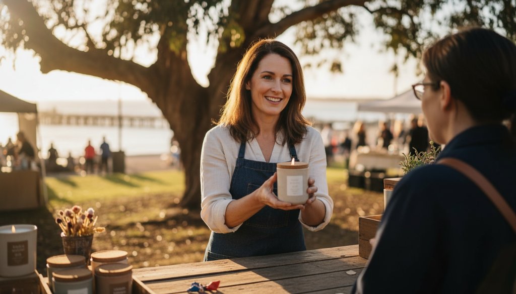 Dynamic hero shot illustrating Frankston South bespoke advertising photography solutions, featuring a beautifully lit artisan product on a rustic local market stall, capturing an authentic moment of customer engagement with dramatic natural light filtering through trees, evoking a sense of quality and community.